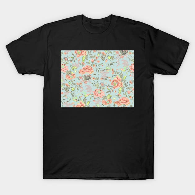 Oriental Elegant Birds and Flowers Pink Teal Pattern T-Shirt by Blue Planet Boutique